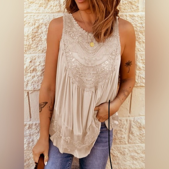 Ultra Pink Tops - Ultra Pink Sleeveless Crochet Yoke Tank Top in Beige